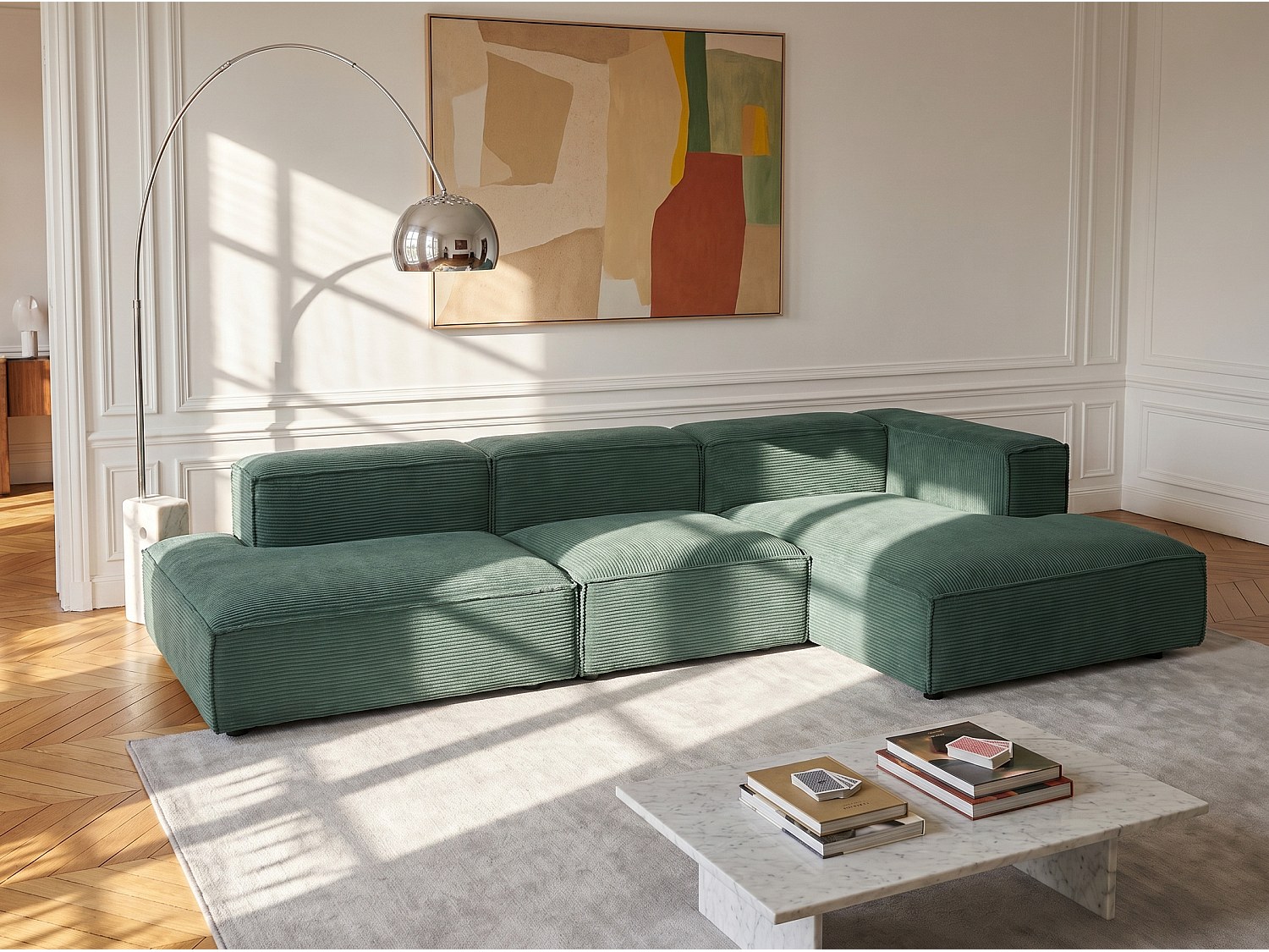 Modulares Ecksofa mit offener Sitzfläche aus grünem Cord-Samt RUZOLO