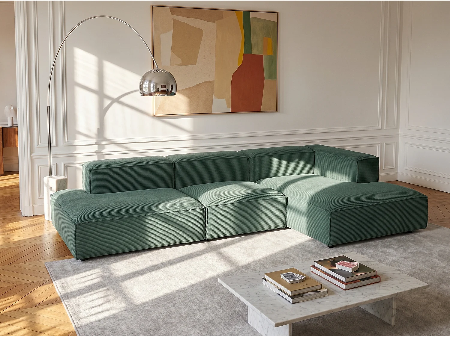 Modulaire open hoekbank in groen ribfluweel RUZOLO