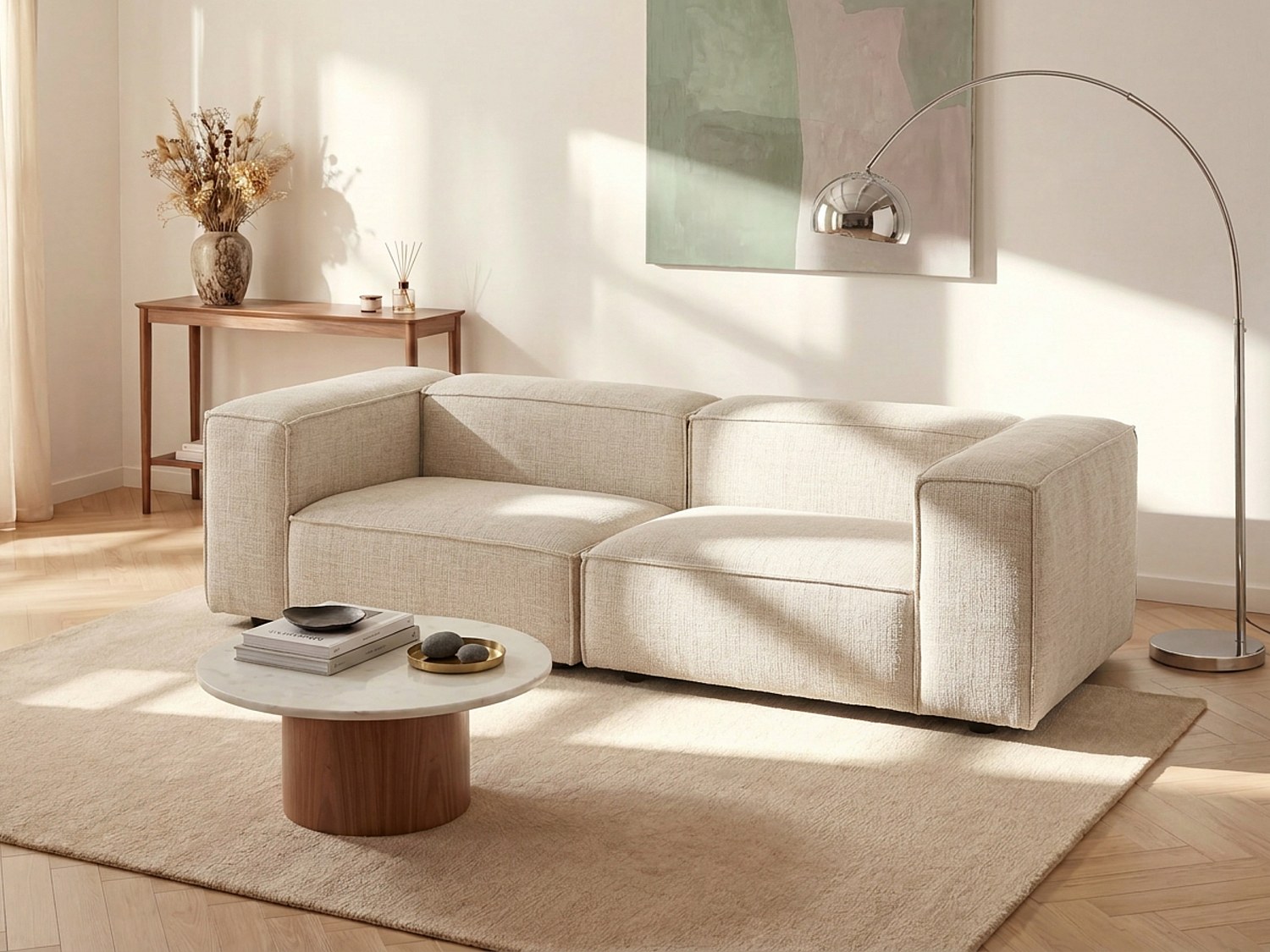 Modulares 3-Sitzer-Sofa aus beigem Chenillestoff RUZOLO