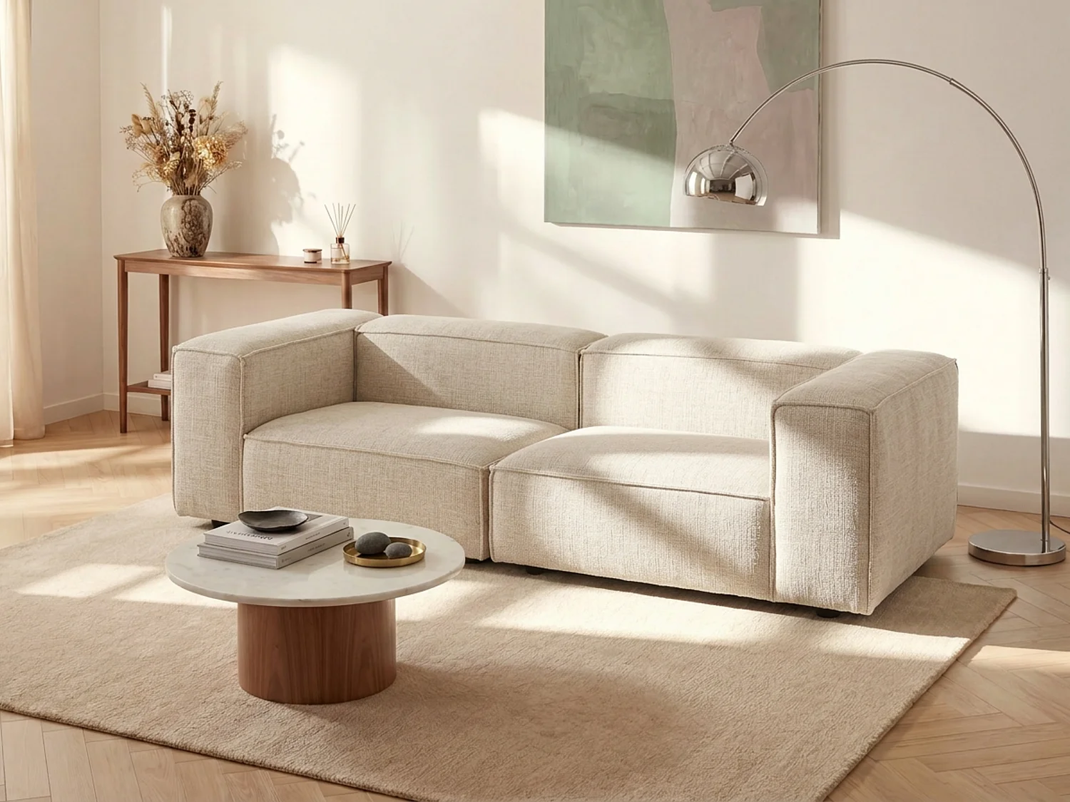 Modulares 3-Sitzer-Sofa aus beigem Chenillestoff RUZOLO