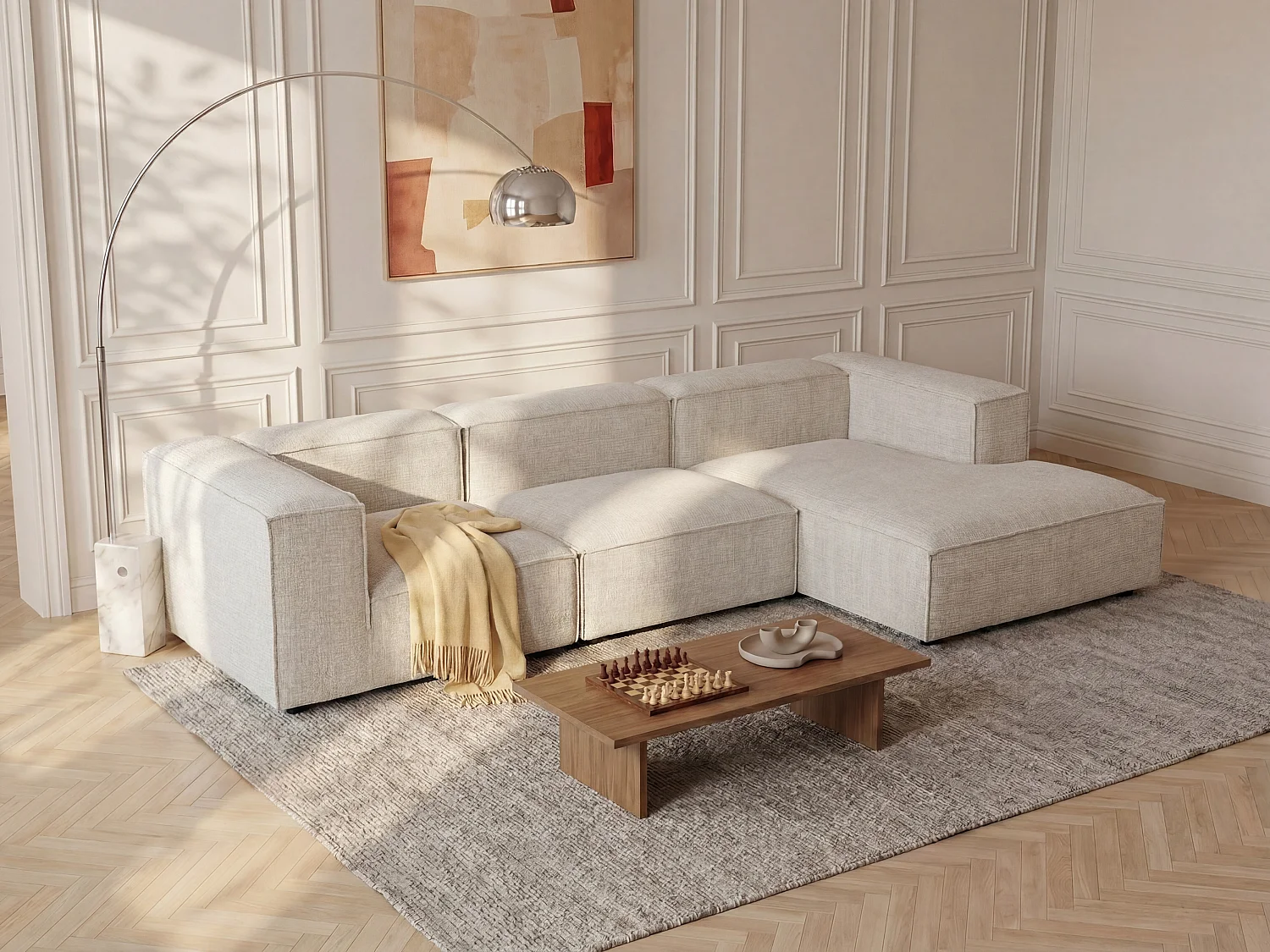 Canapé d'angle droit modulable en tissu chenille beige RUZOLO
