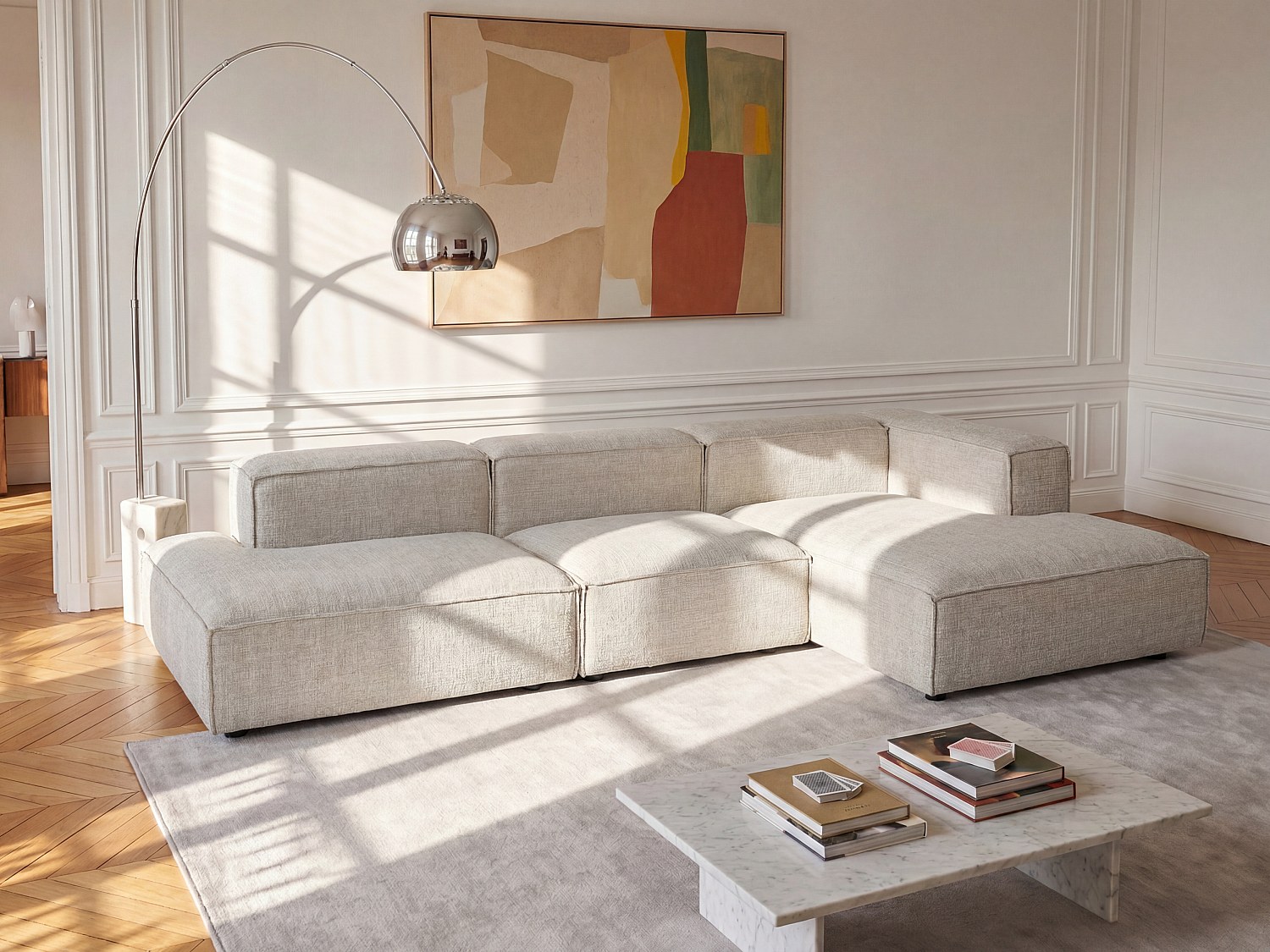 Modulares Ecksofa mit offener Sitzfläche aus beigem Chenillestoff RUZOLO