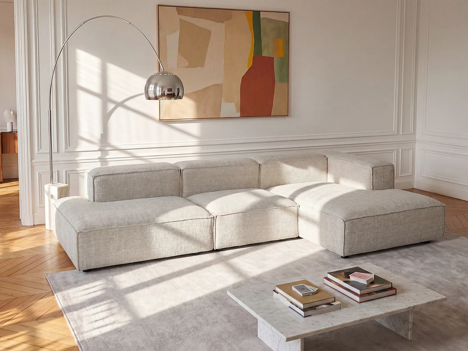 Modulares Ecksofa mit offener Sitzfläche aus beigem Chenillestoff RUZOLO