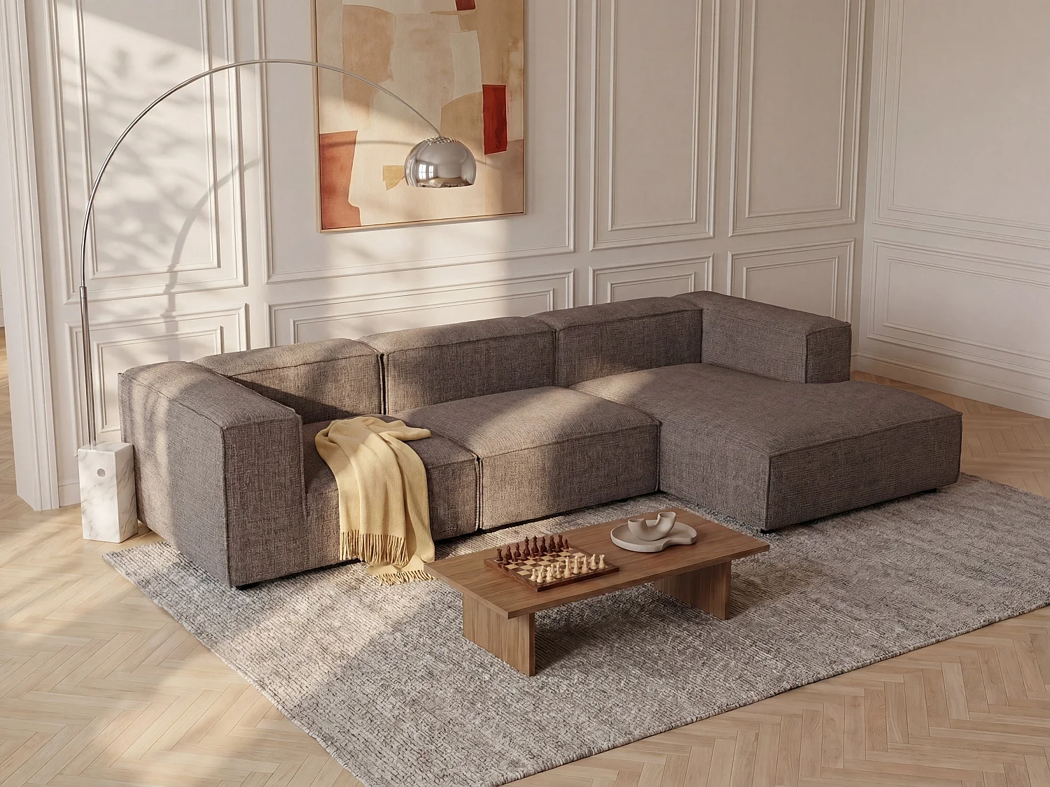 Sofá de canto modular em tecido chenille taupe RUZOLO