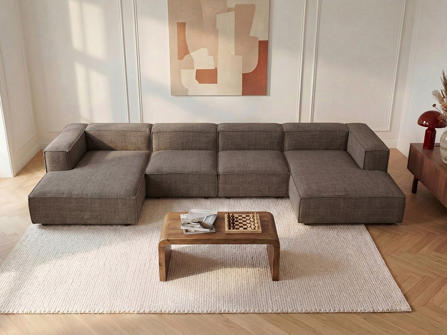Modulares Panorama-Ecksofa aus Chenille-Stoff in Taupe RUZOLO