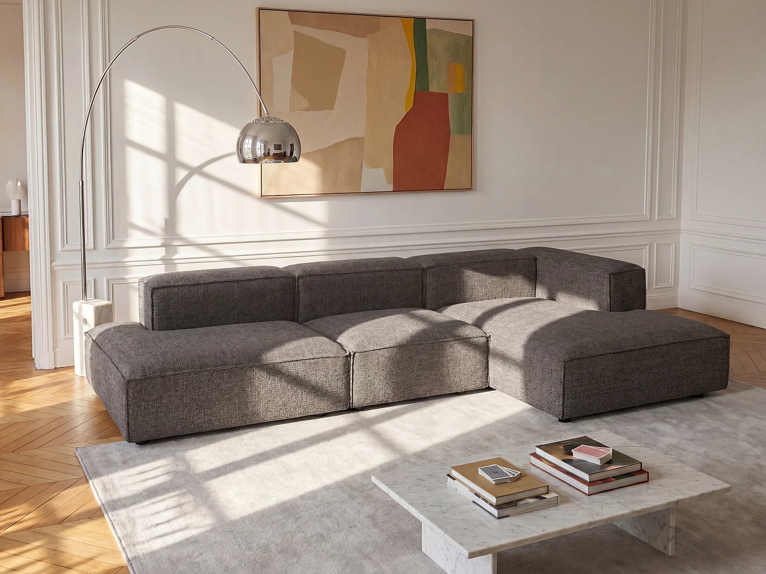 Modulares Ecksofa mit offener Sitzfläche aus Chenille-Stoff in Taupe RUZOLO