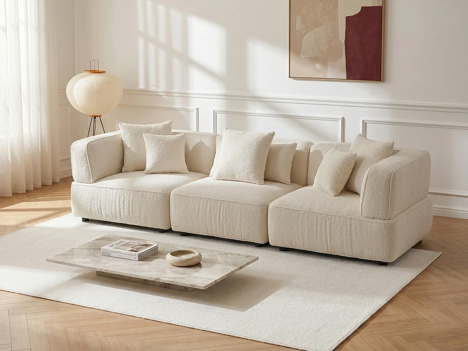 4-Sitzer Modulsofa aus gewebtem Bouclé-Stoff in Cremeweiß LELACO