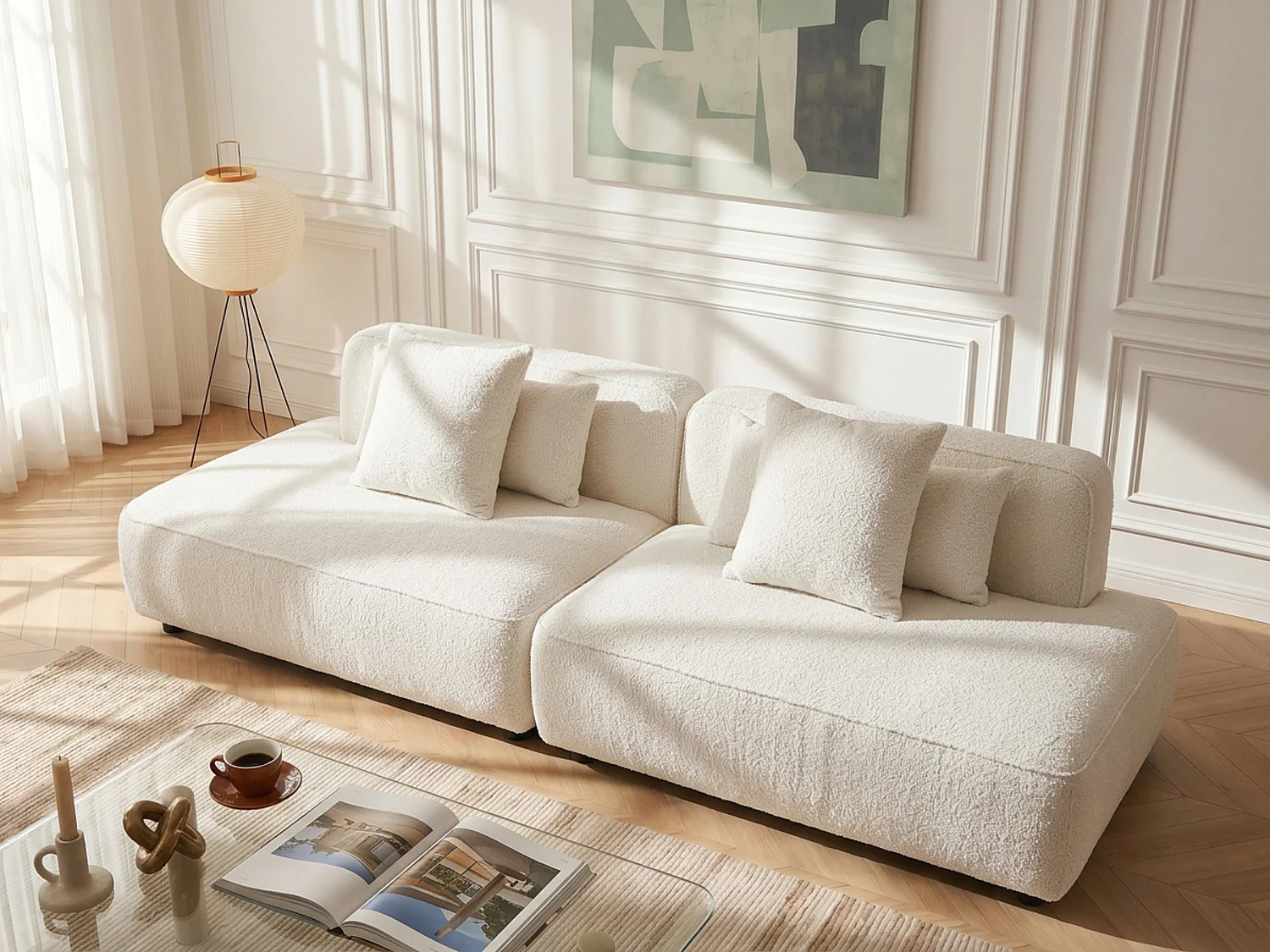 5-Sitzer modulares Sofa mit offener Sitzfläche aus Bouclé-Stoff in gebrochenem Weiß LELACO
