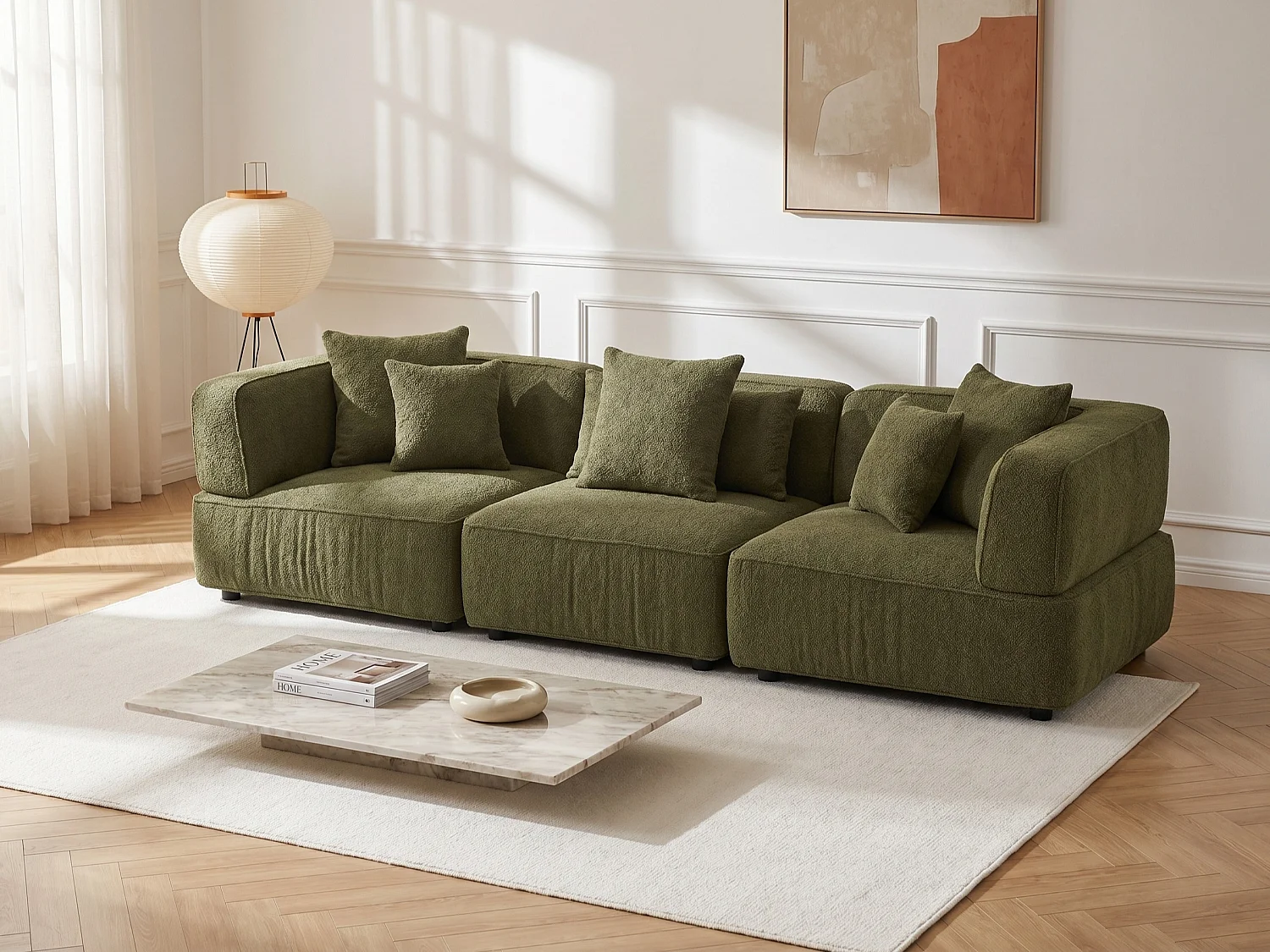 4-Sitzer Modulsofa aus Bouclé-Stoff in Khakigrün LELACO