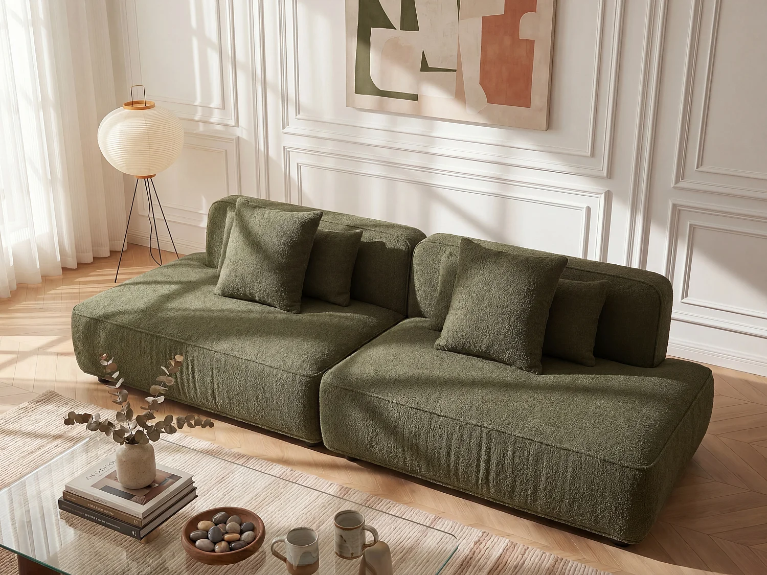 5-Sitzer modulares Sofa mit offener Sitzfläche aus Bouclé-Stoff in Khakigrün LELACO