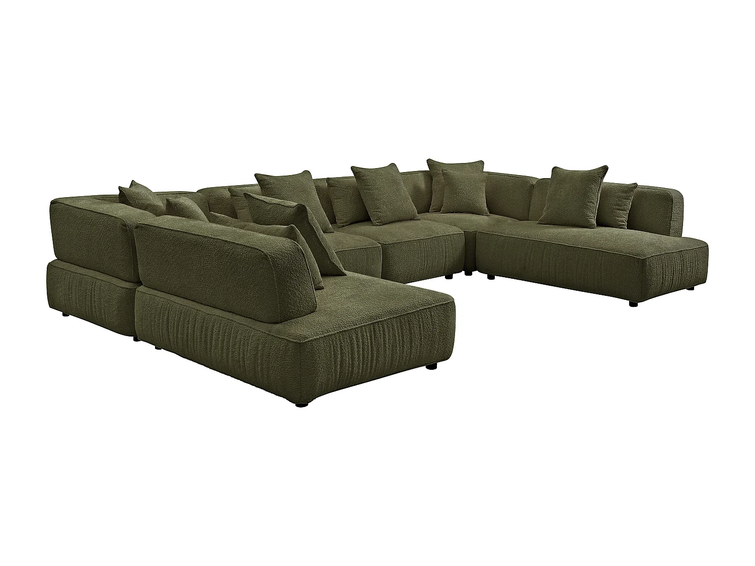 Canapé d'angle panoramique modulable en tissu bouclette vert kaki LELACO