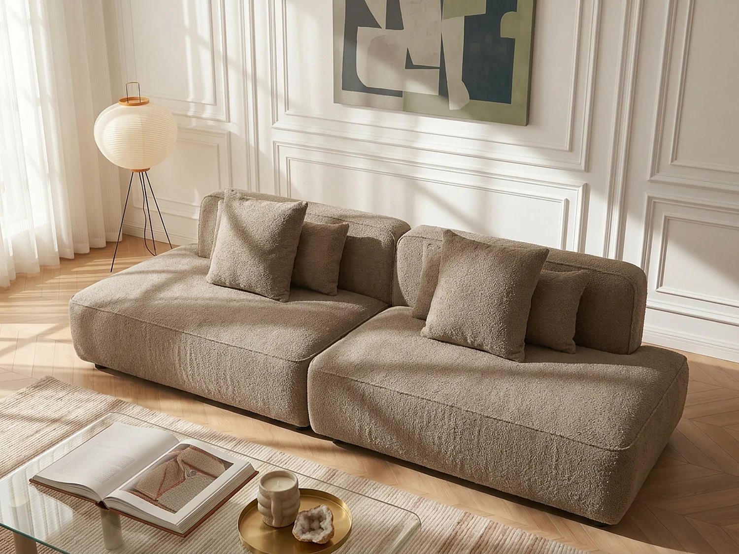 5-Sitzer Ecksofa modular in Bouclé-Stoff Taupe LELACO