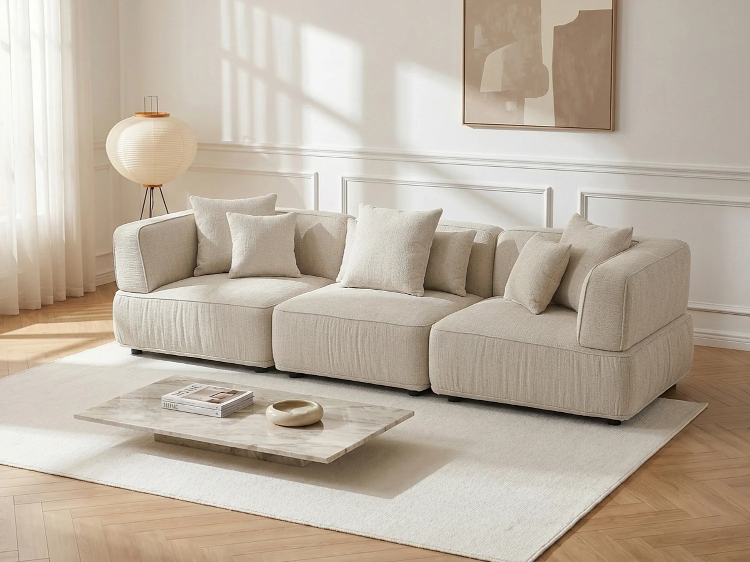 4-Sitzer Modulsofa aus Chenille-Stoff in Beige LELACO
