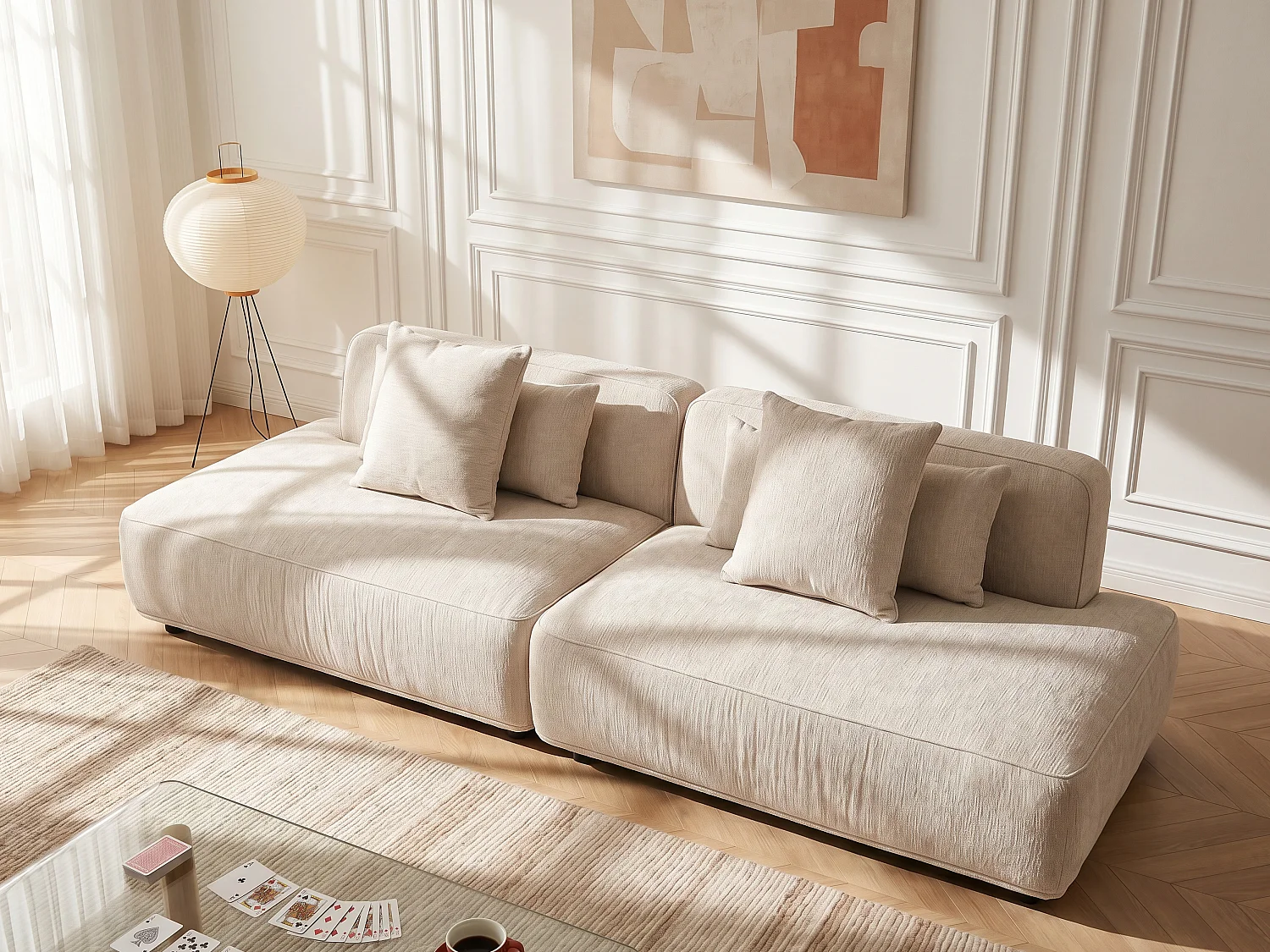 5-Sitzer Ecksofa modular in beigem Chenille-Stoff LELACO