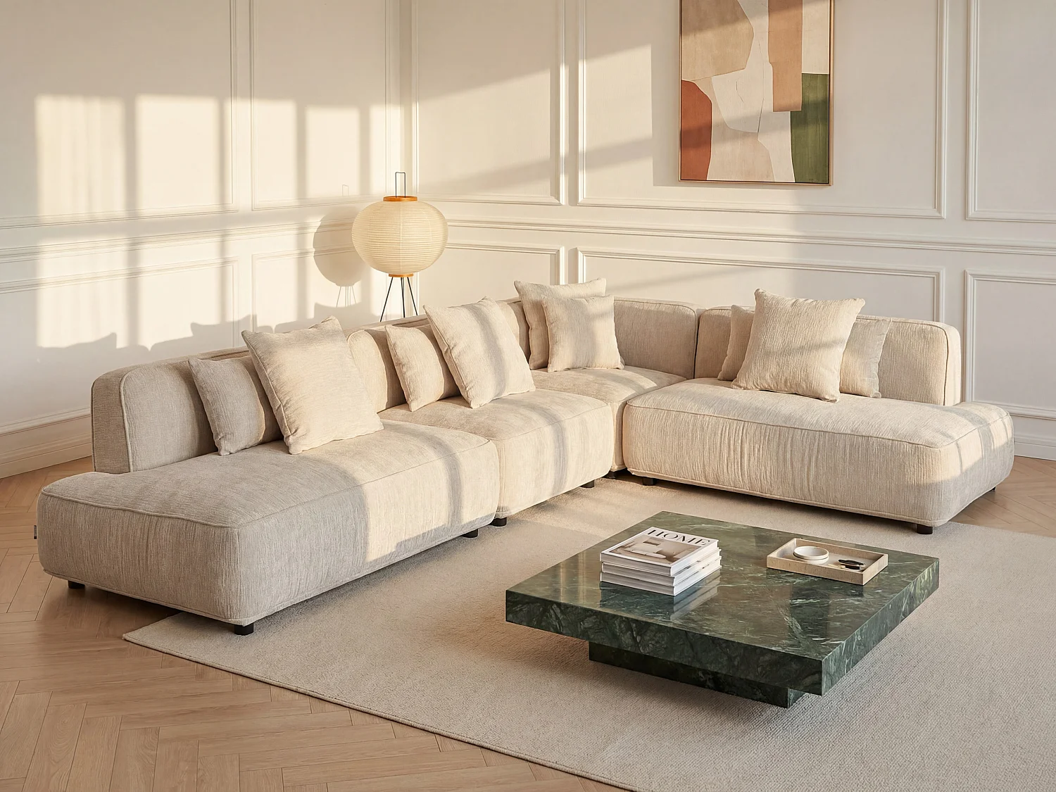 Canapé d'angle modulable en tissu chenille beige LELACO