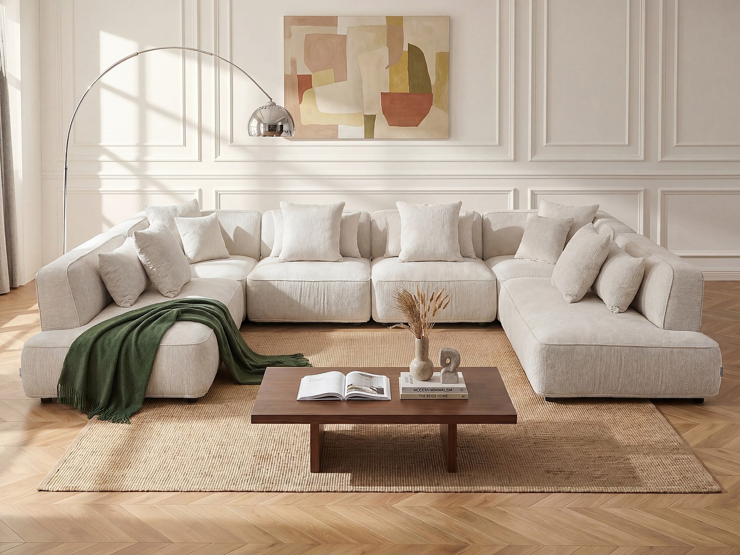 Canapé d'angle panoramique modulable en tissu chenille beige LELACO