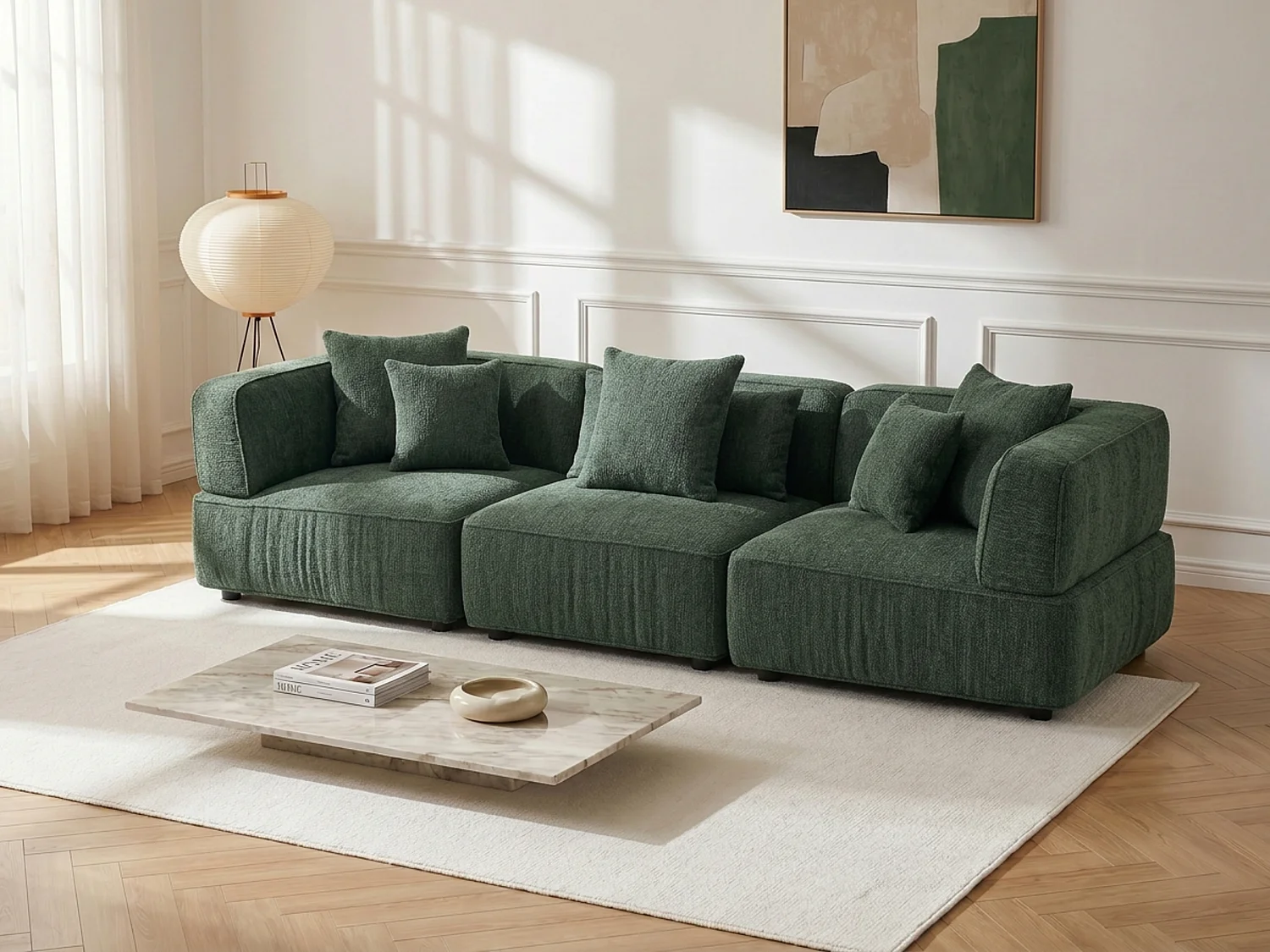 4-Sitzer Modulsofa aus grünem Chenillestoff LELACO