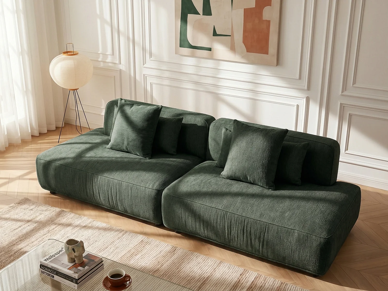 5-Sitzer Ecksofa modular aus Chenillegewebe in Grün LELACO