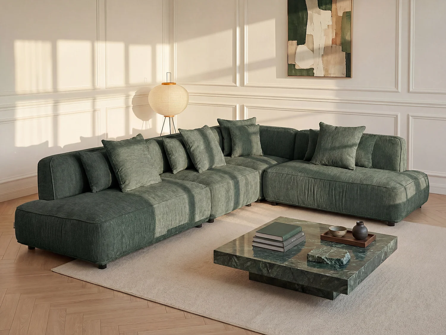 Canapé d'angle modulable en tissu chenille vert LELACO