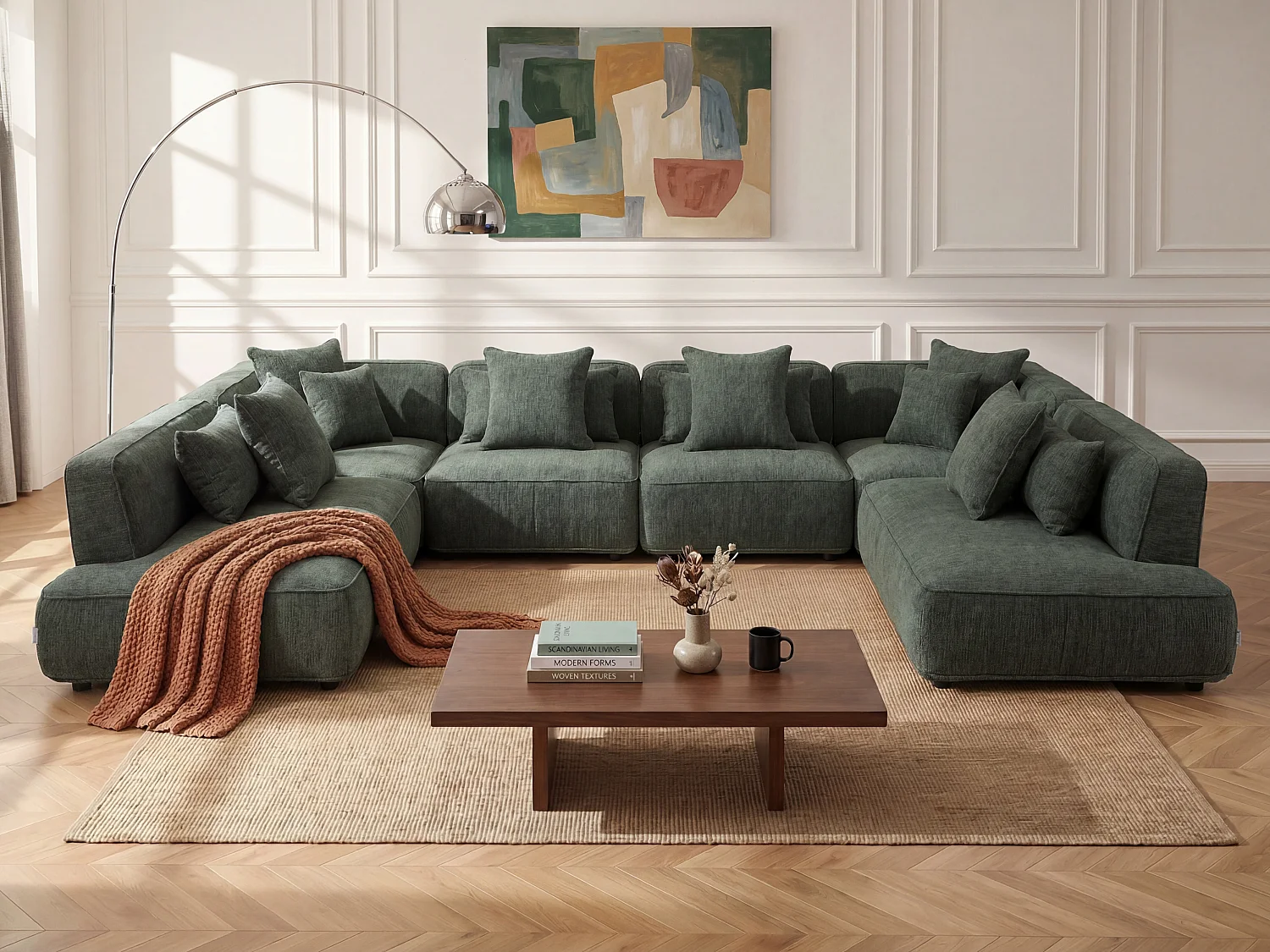 Canapé d'angle panoramique modulable en tissu chenille vert LELACO