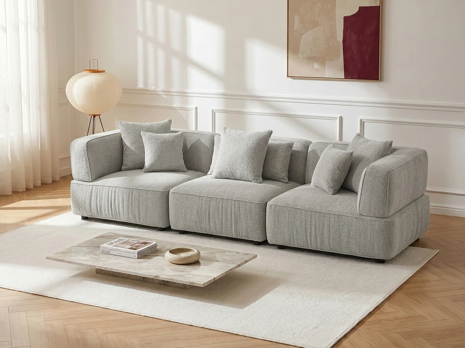 Modulares 4-Sitzer-Sofa aus hellgrauem Chenillestoff LELACO
