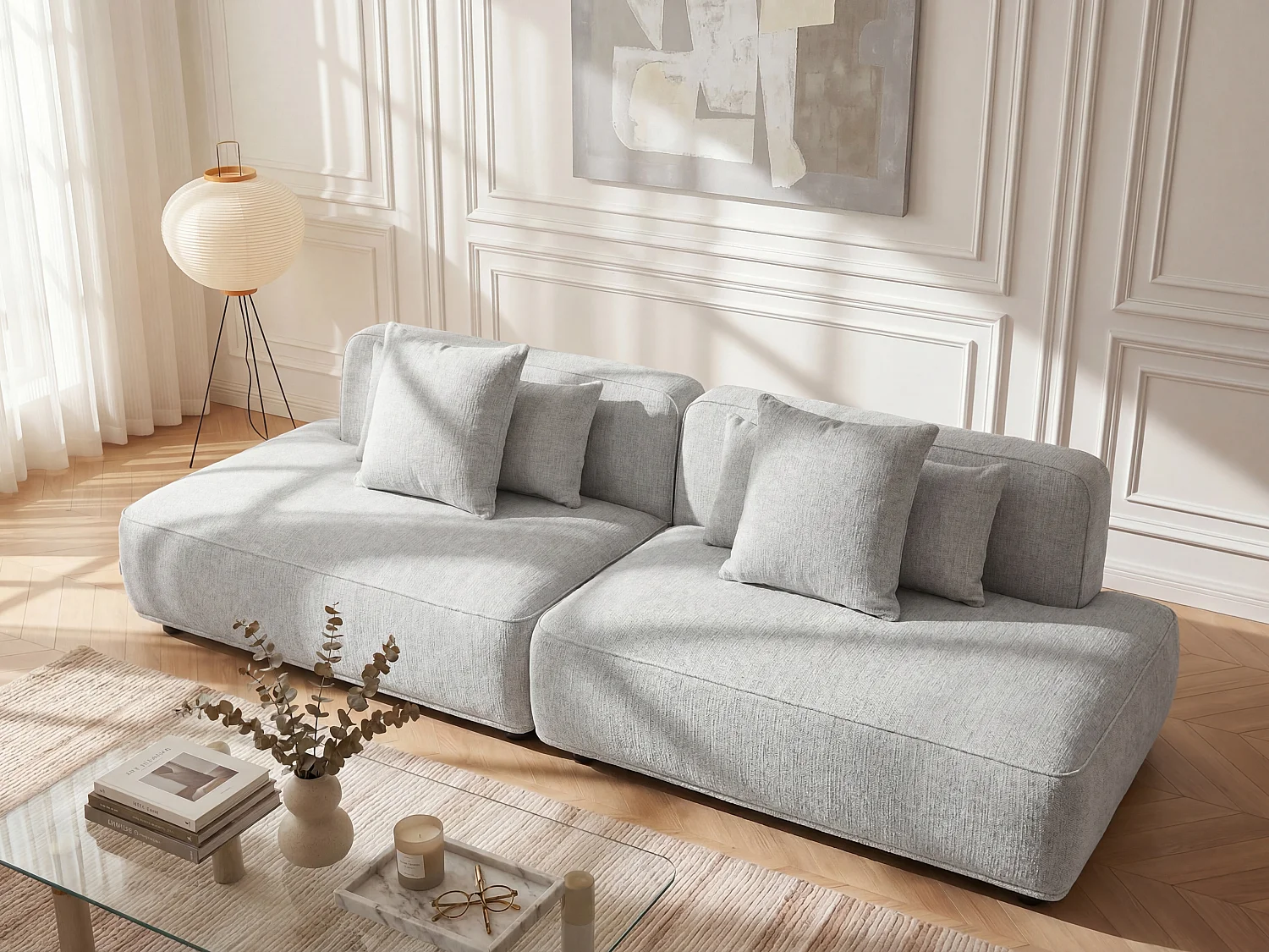 5-Sitzer Ecksofa modular aus hellgrauem Chenille-Stoff LELACO