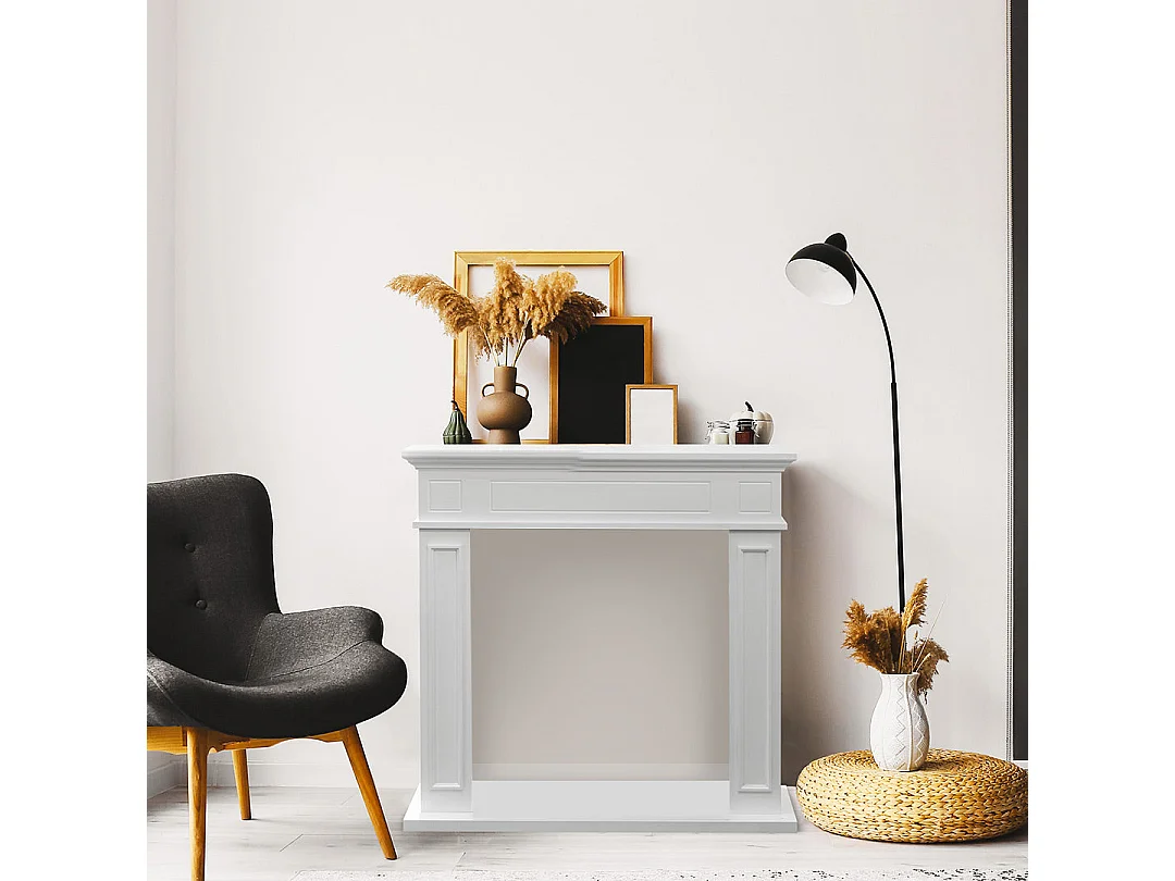 Marco de chimenea Jefferson con revestimiento de madera blanca, 89,5 cm de ancho x 90,5 cm de alto x 28 cm de profundidad