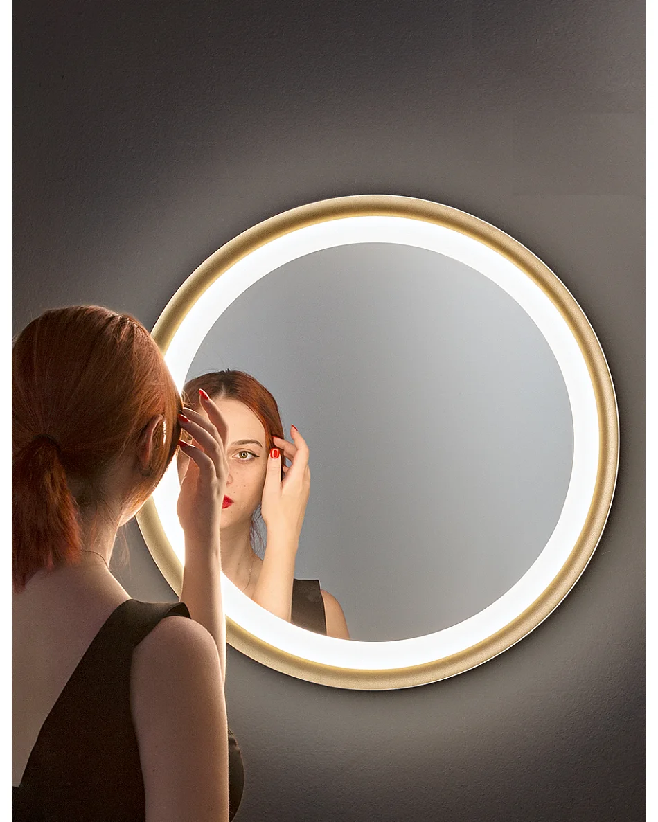 Espejo LED Mirò Ø60 cm 58W Oro Cepillado - Lámpara de techo y aplique - Luz cálida 3000K - Diseño moderno para baño, dormitorio y entrada