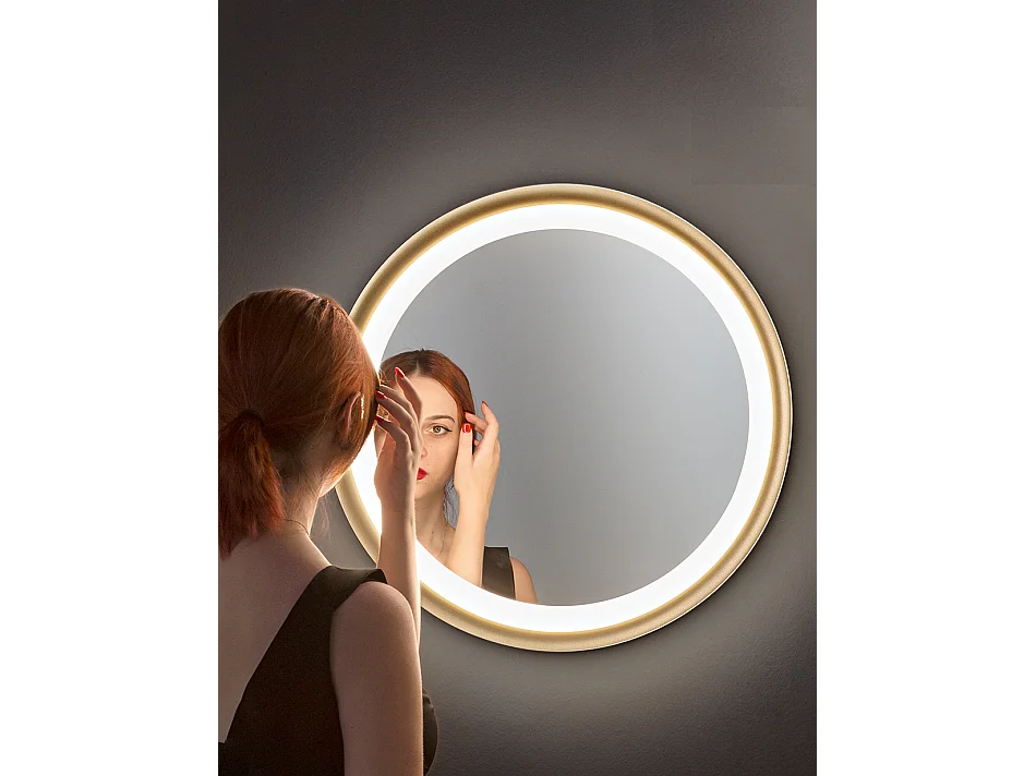 Miroir LED Mirò d.60 cm 58W or brossé, applique murale ou plafond, lumière chaude 3000K, style contemporain raffiné