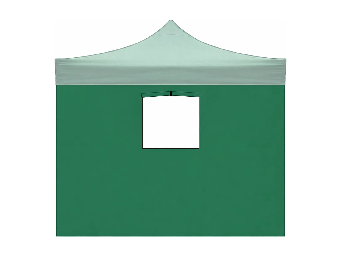 Waterdichte groene zijbekleding van 3x2 meter met raam voor een uitschuifbaar tuinpaviljoen van 3x3 meter.
