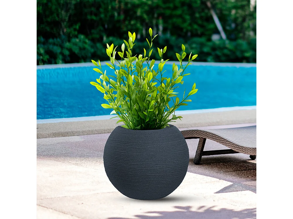 Vase sphérique rond en résine grise Botticelli pour plantes d'intérieur et d'extérieur, 40x33 cm