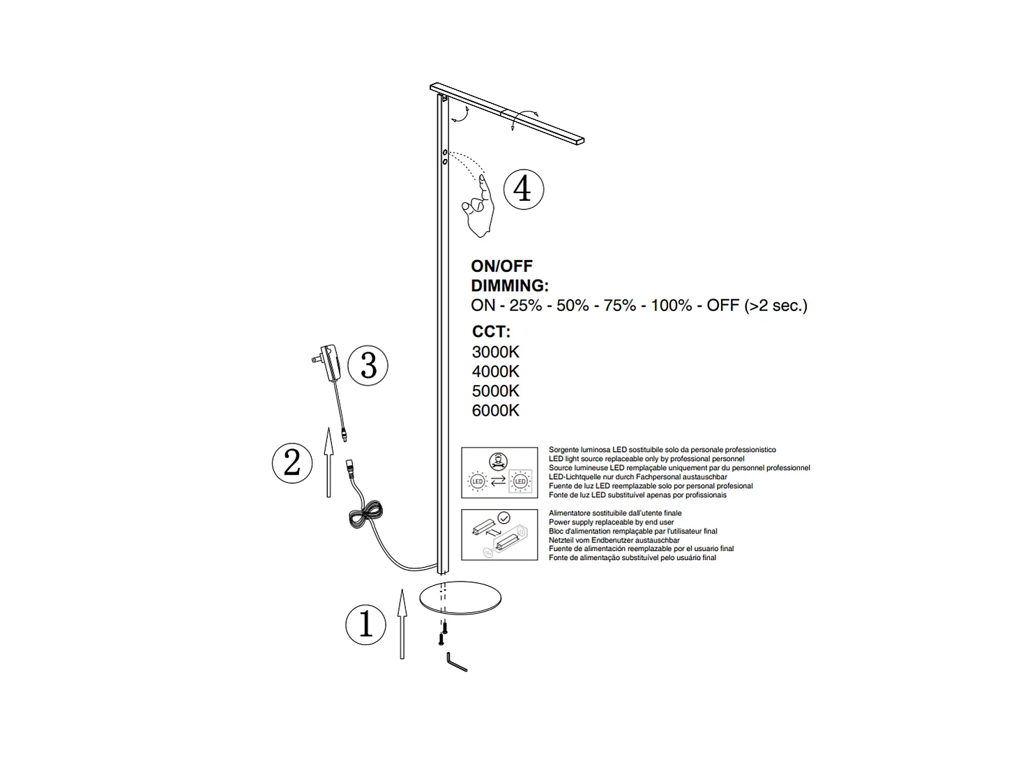 Ideal - Regulowana czarna lampa podłogowa LED z metalu wys. 180 cm Fabas Luce - Zintegrowane oświetlenie LED 35 W CCT (3000K 4000K 5000K 6000K)