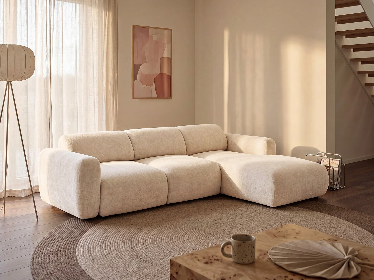 Grand canapé d'angle droit modulable en tissu beige POGNI de Maison Céphy