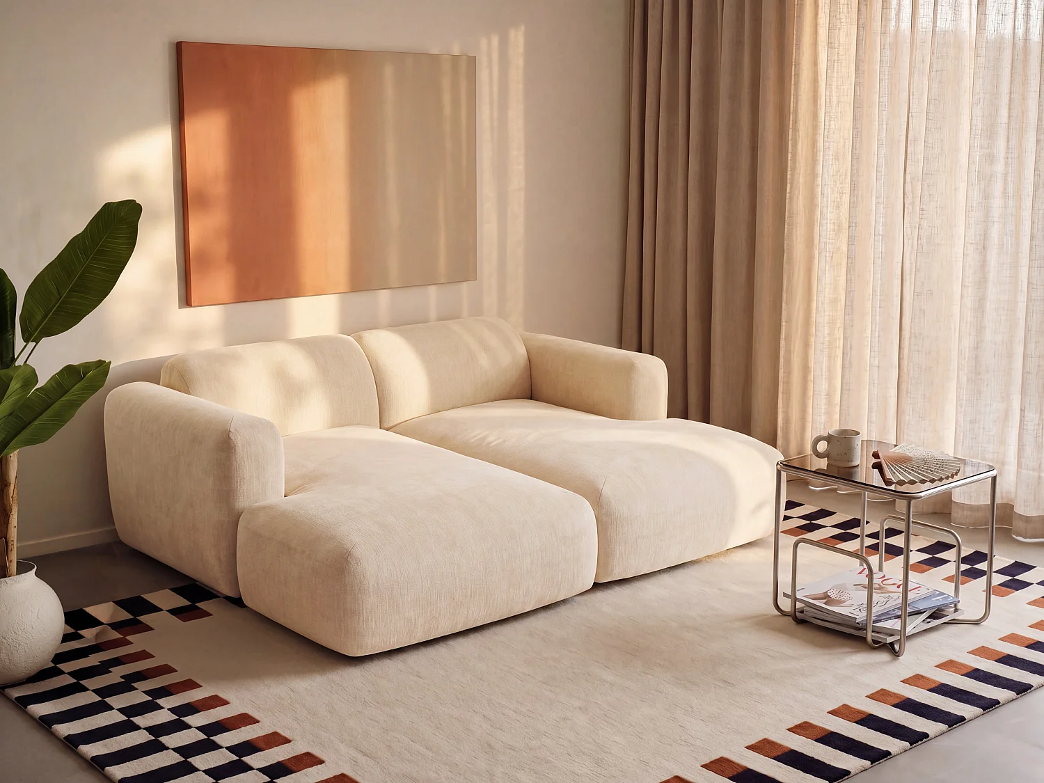 Canapé 2 places assise profonde modulable en tissu beige POGNI de Maison Céphy