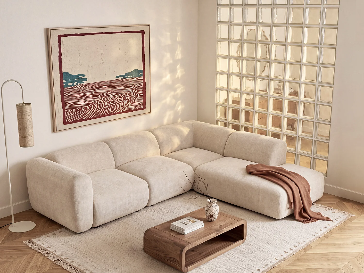 Grand canapé d'angle modulable avec dossier méridienne en tissu beige POGNI de Maison Céphy