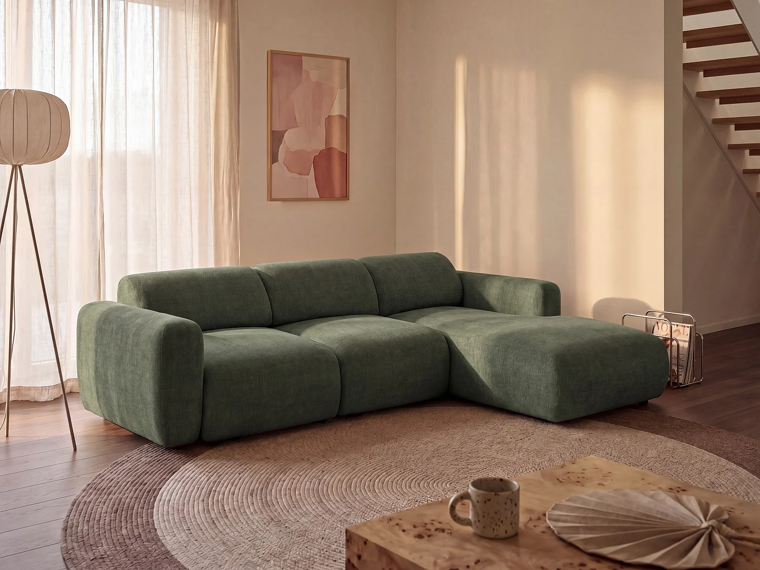 Grand canapé d'angle droit modulable en tissu vert POGNI de Maison Céphy
