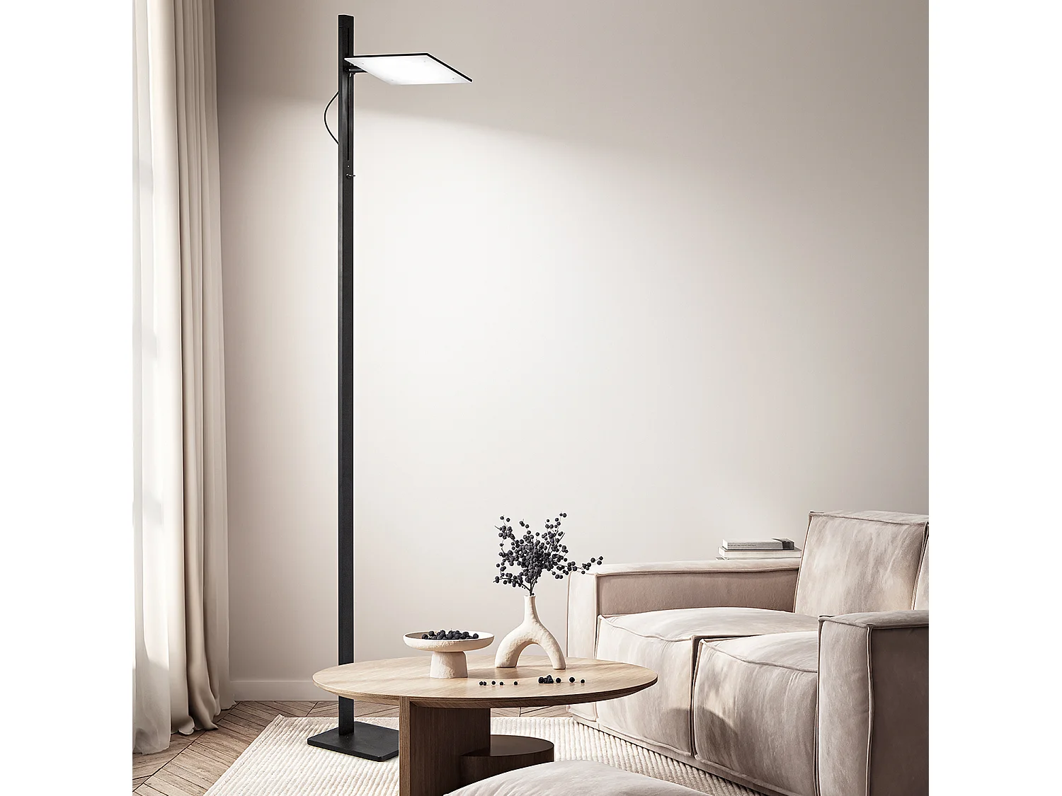 Czarna lampa stojąca LED do salonu, 24 W, 2160 lm, regulowana wysokość i możliwość obrotu o 340°, włącznik/wyłącznik, CCT i ściemniacz nożny