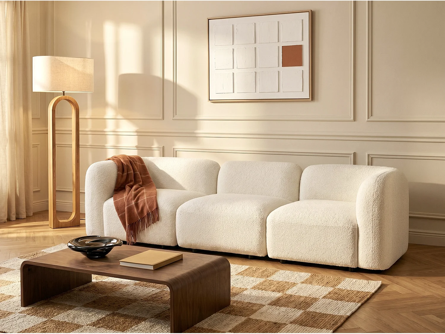 Sofá modular 3 lugares em tecido bouclé branco - DANEPI
