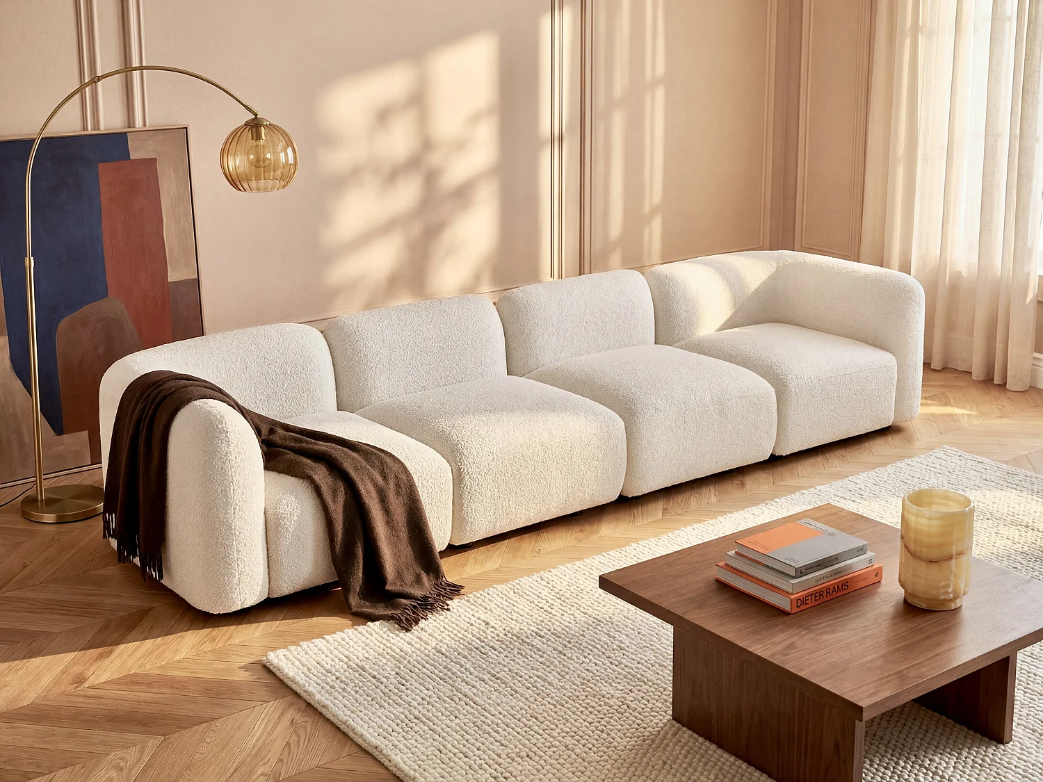 Canapé 5 places modulable en tissu bouclette blanc cassé DANEPI