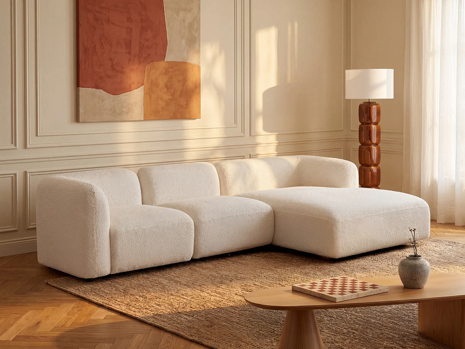 Sofá rinconera modular derecha en tela bouclé blanco roto DANEPI