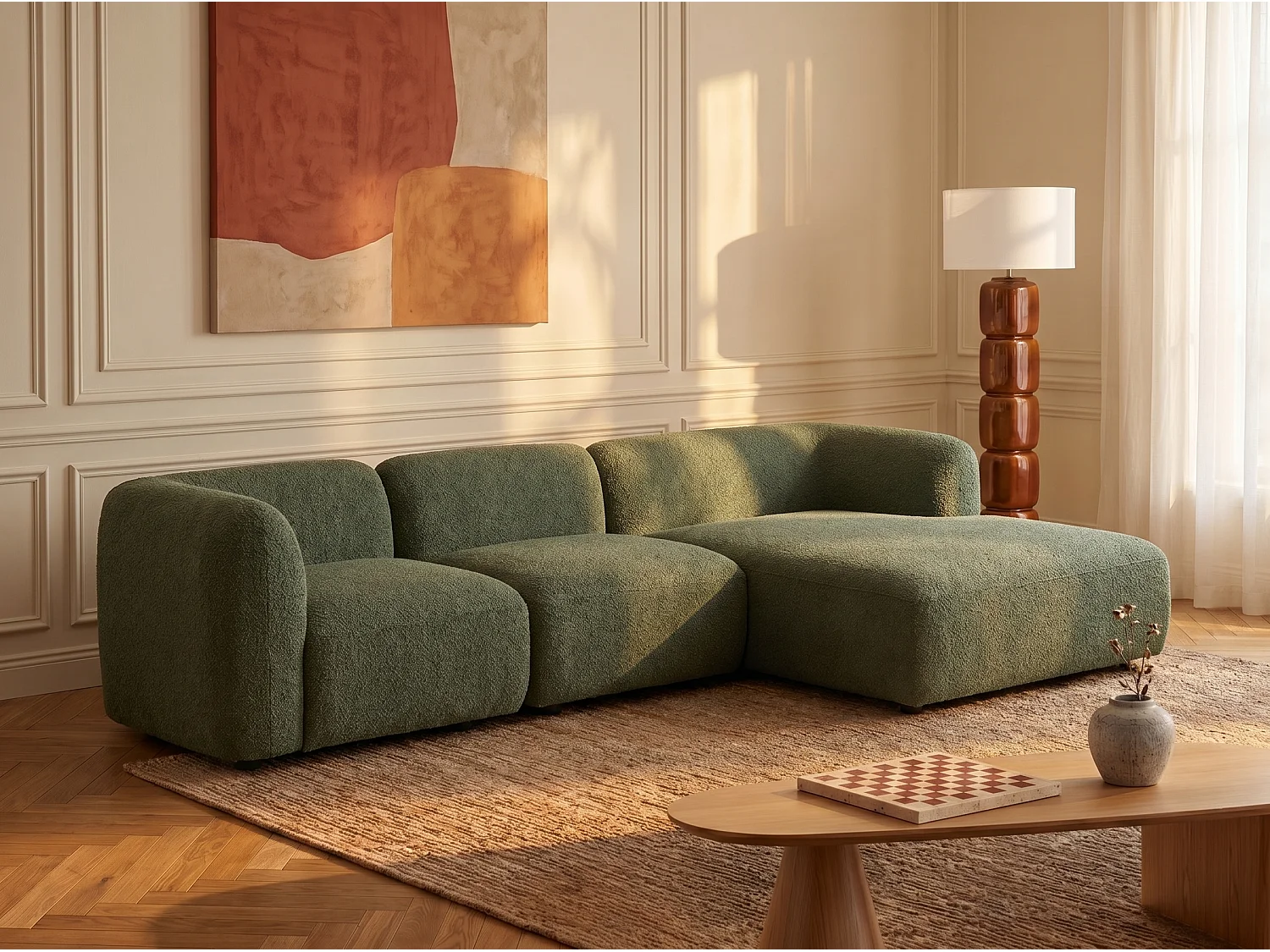 Canapé d'angle droit modulable en tissu bouclette vert DANEPI
