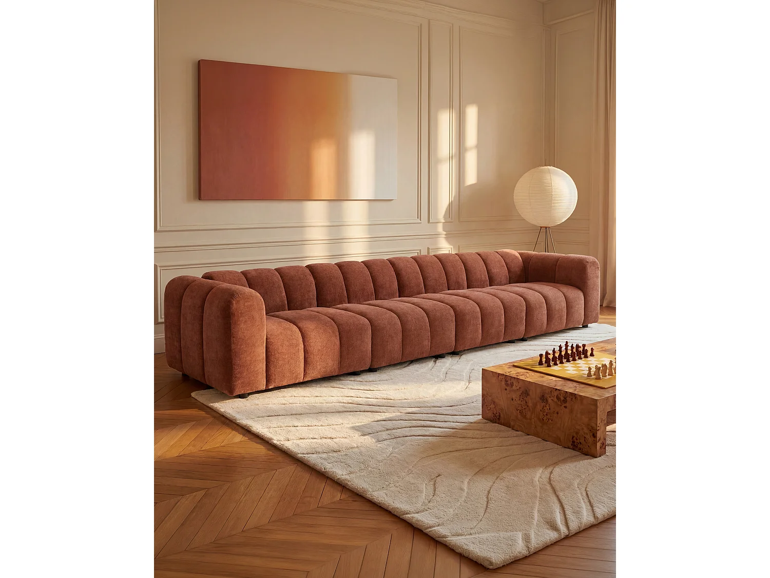 Canapé modulable 6 places en tissu texturé terracotta JUTINI