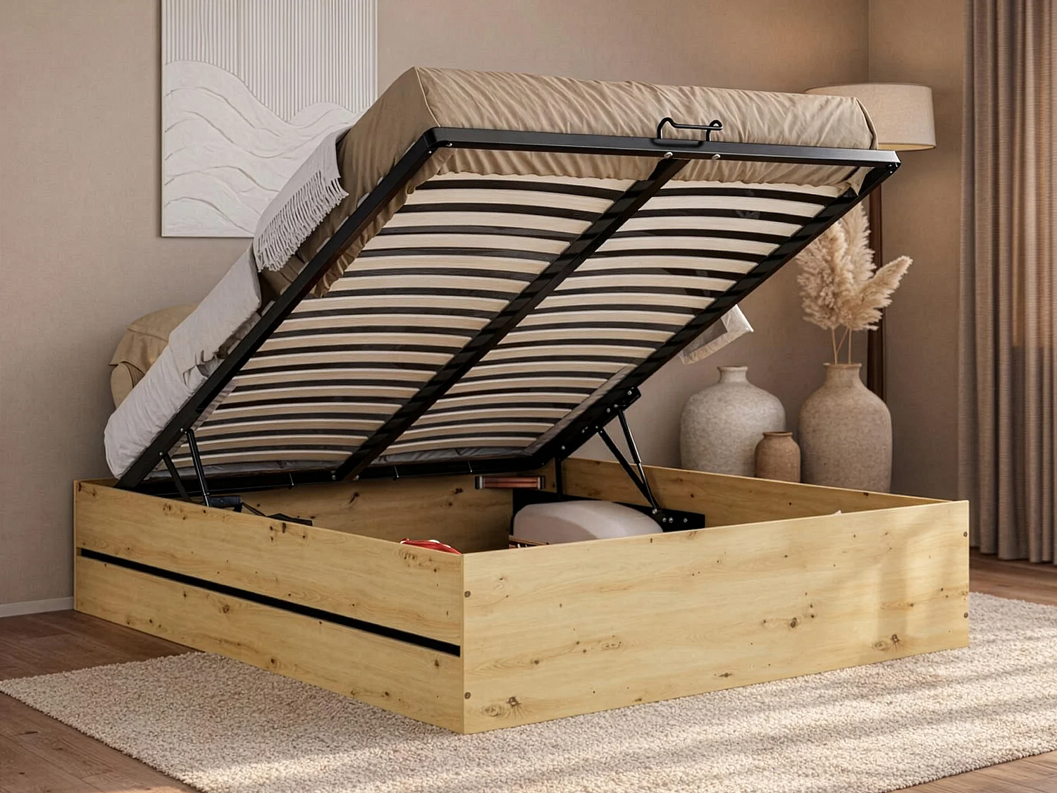 Lit coffre 160 x 200 cm - Coloris : Naturel et noir + Matelas - LUDARO