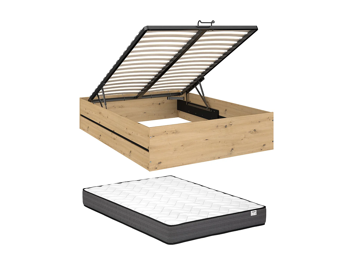 Lit coffre 160 x 200 cm - Coloris : Naturel et noir + Matelas - LUDARO