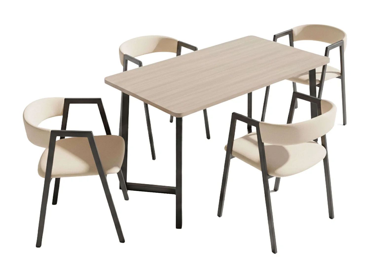 Conjunto de mesa de jantar Bergam com 4 cadeiras, em carvalho e bege.