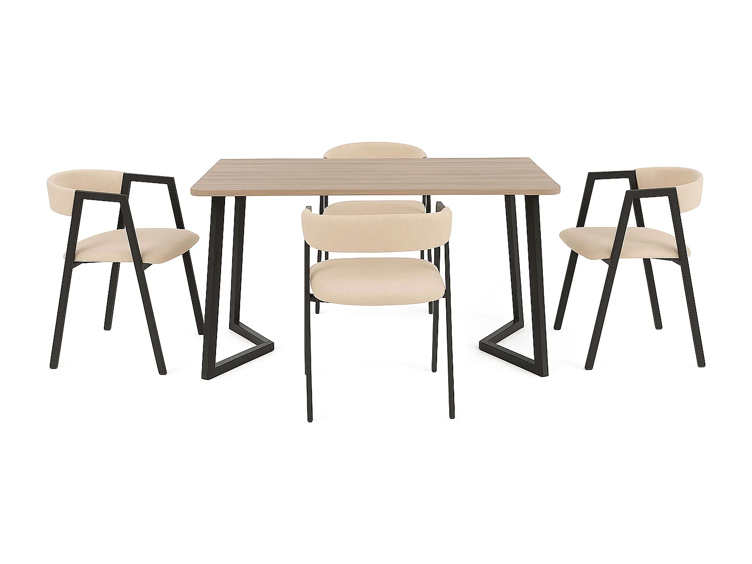Conjunto de mesa de jantar Bergam com 4 cadeiras, em carvalho e bege.