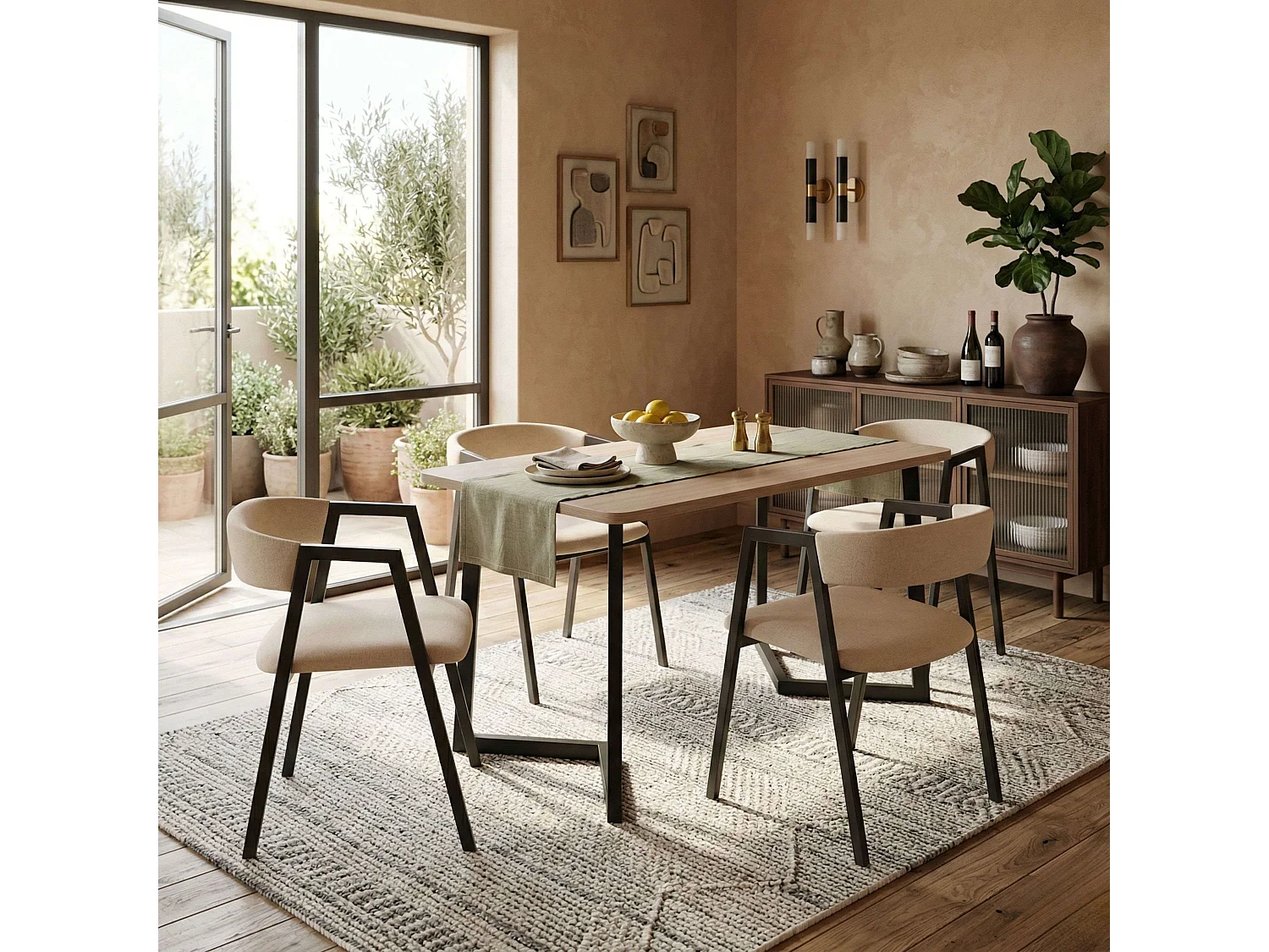Conjunto de mesa de jantar Bergam com 4 cadeiras, em carvalho e bege.
