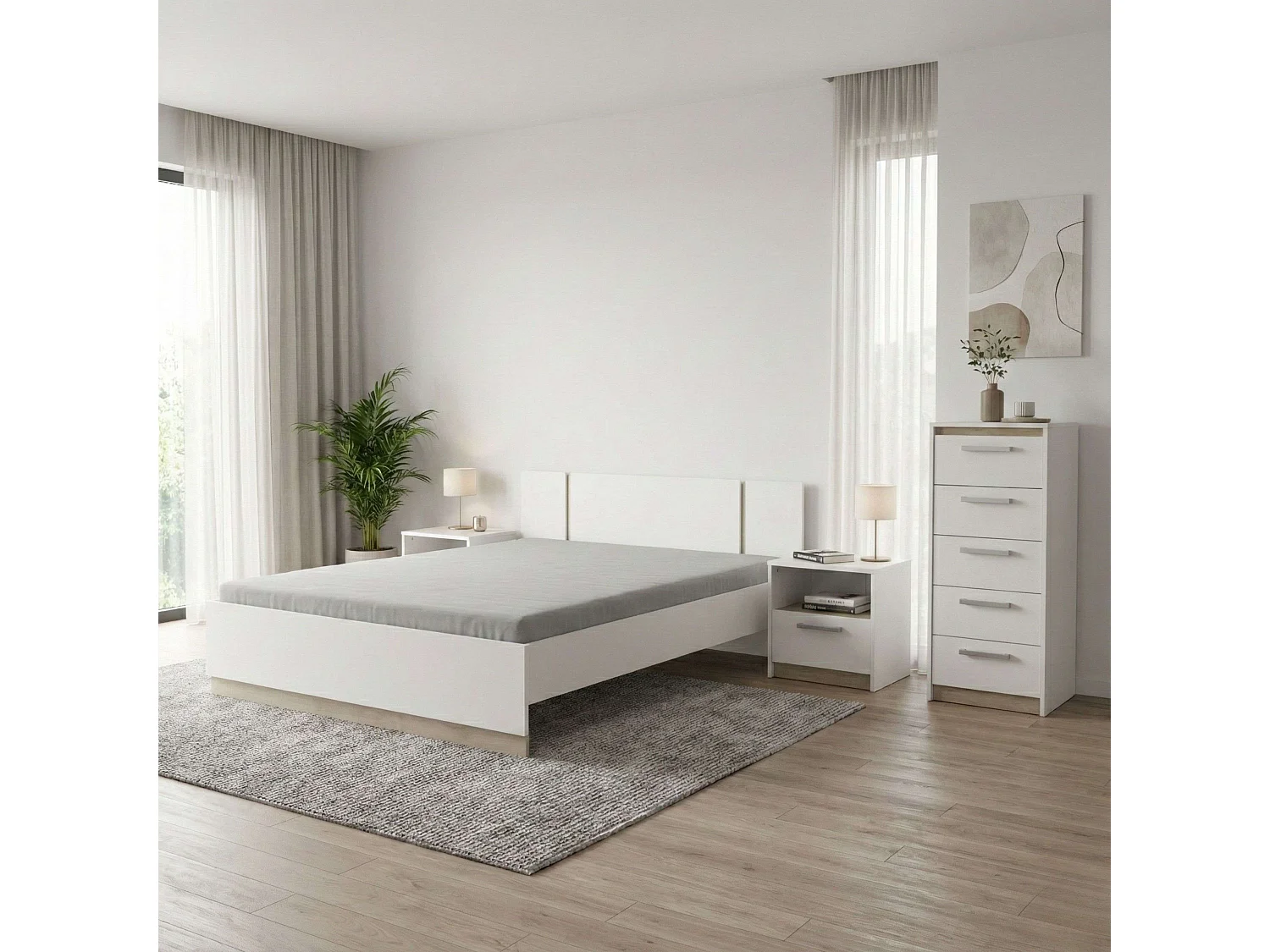 Conjunto de quarto Watson em melamina branca fosca e carvalho Kronberg + cama + cômoda