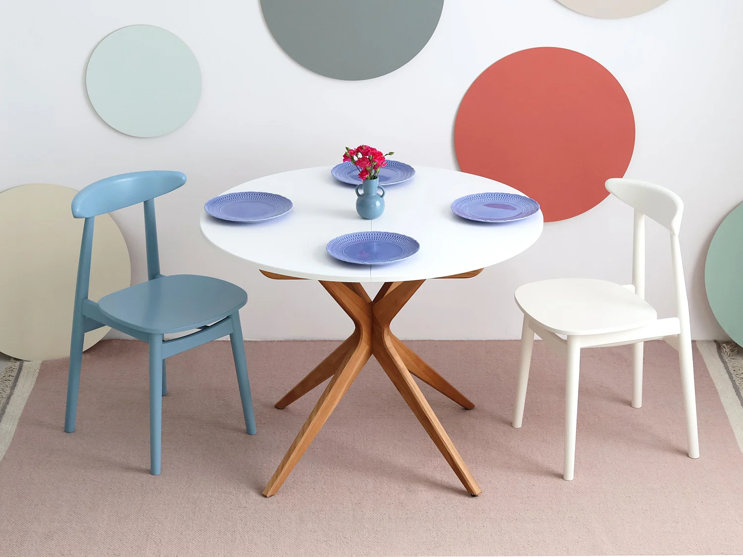 Table à manger ronde extensible 100cm 5 personnes Jubi Blanc Craie | Pied en frêne