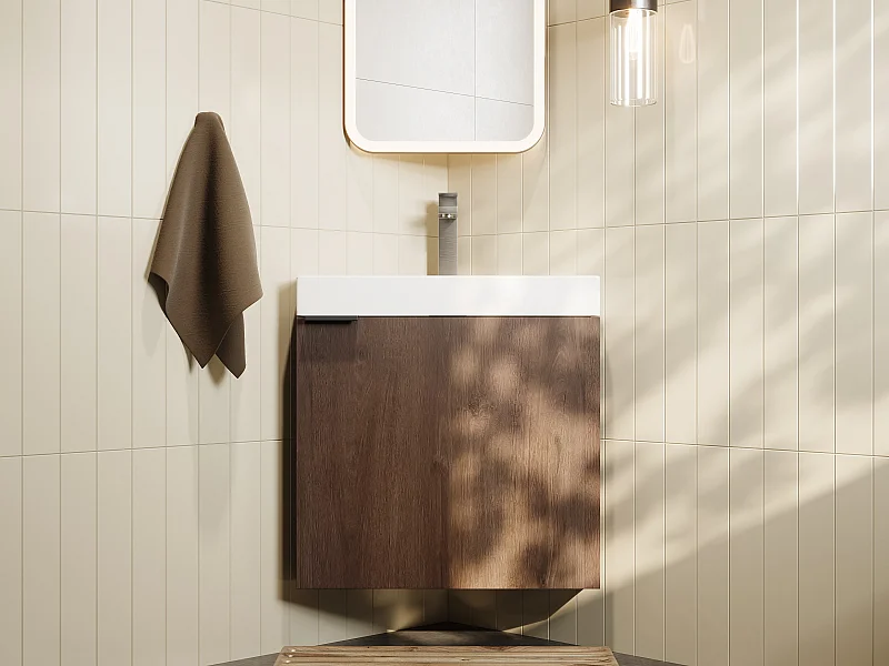 Meuble lave-main d'angle suspendu naturel foncé - 56 cm - MANODO